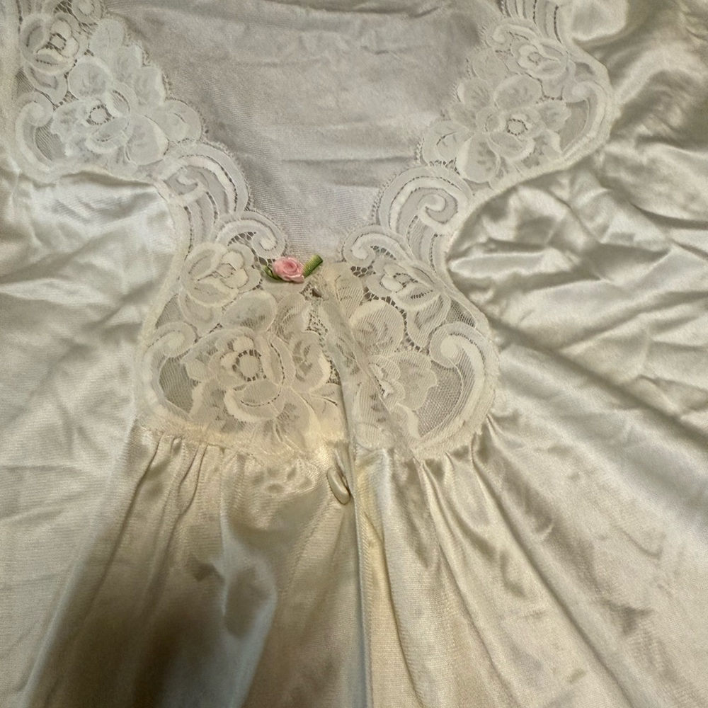 Vintage Vanity Fair Satin Nightgown USA Lace Trim Button Front 70s Cottagecore